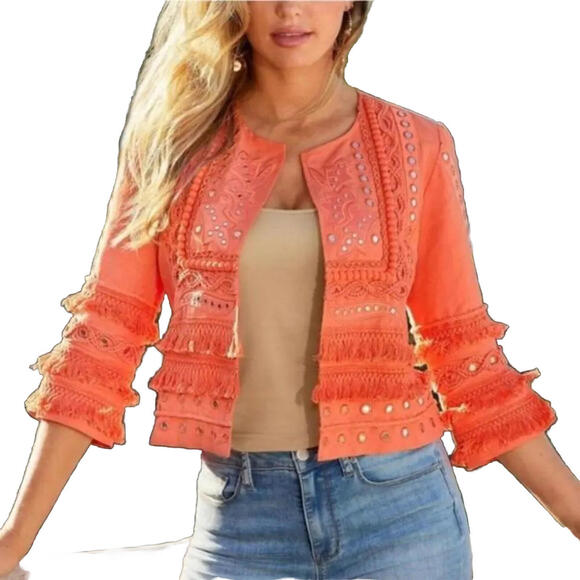 Boston Proper Jacket Orange Fringe Mirror Open Front Design XS